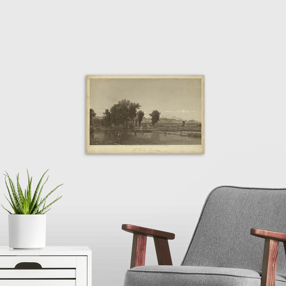 A modern room featuring Vintage artwork of a Native American village in sepia.