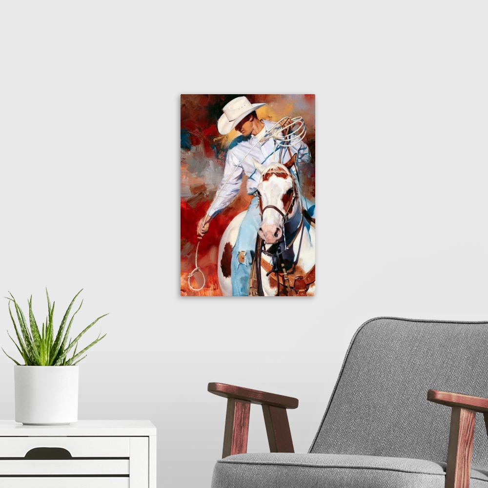 A modern room featuring Contemporary vertical panoramic painting of cowboy on horse holding a looped rope.