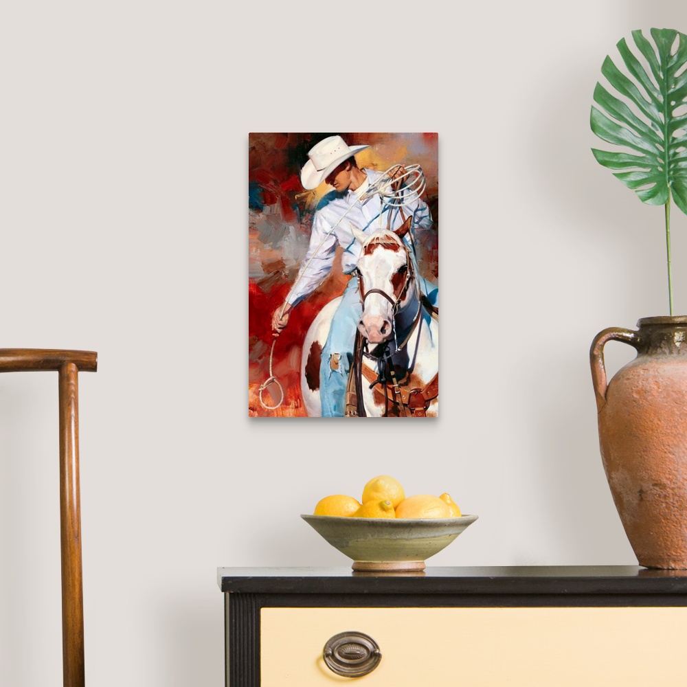 A traditional room featuring Contemporary vertical panoramic painting of cowboy on horse holding a looped rope.
