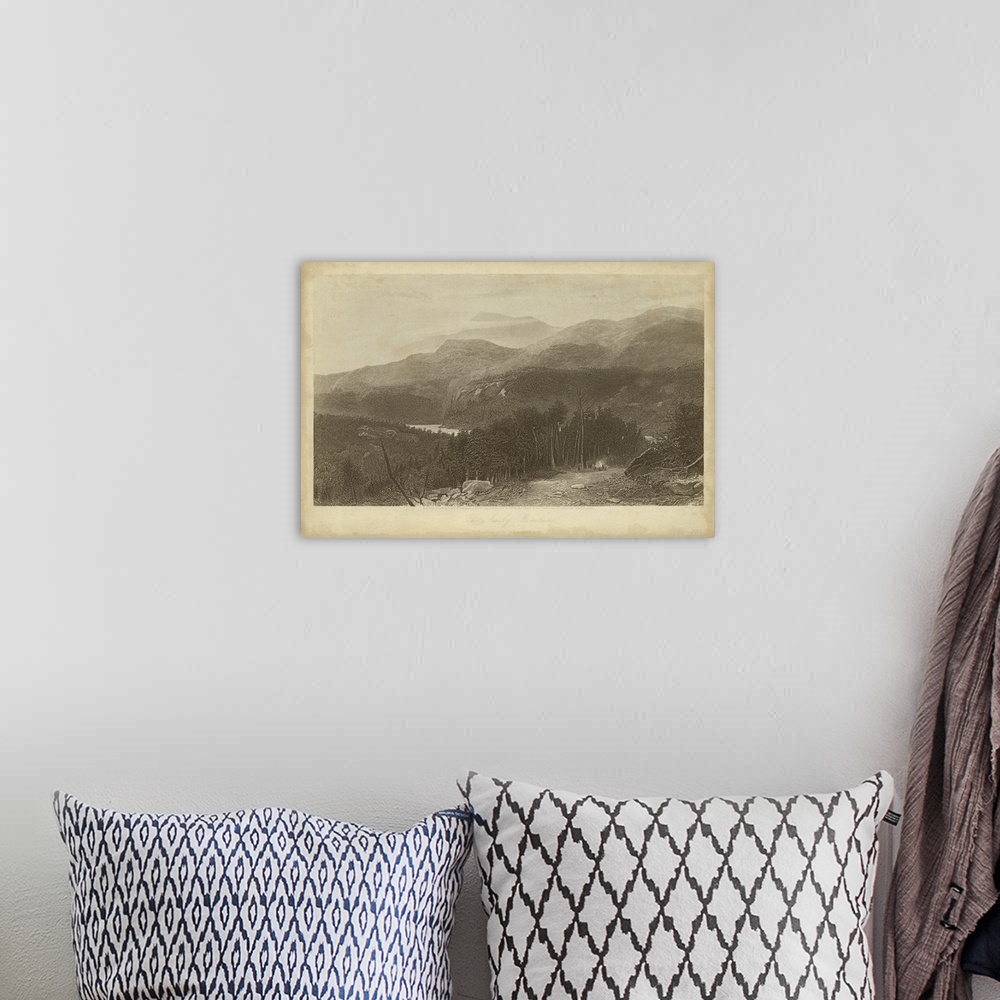 A bohemian room featuring Vintage artwork of the edge of a mountain range in sepia.