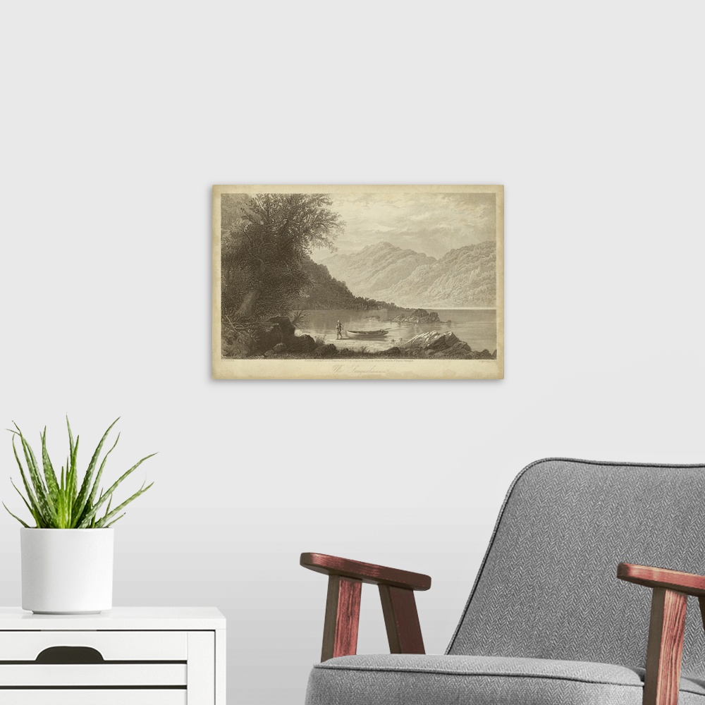 A modern room featuring Vintage artwork of a lake by the mountains in sepia.