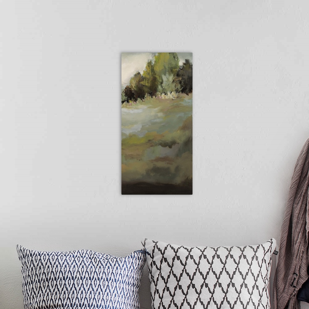 A bohemian room featuring Contemporary abstract painting resembling a landscape with trees.