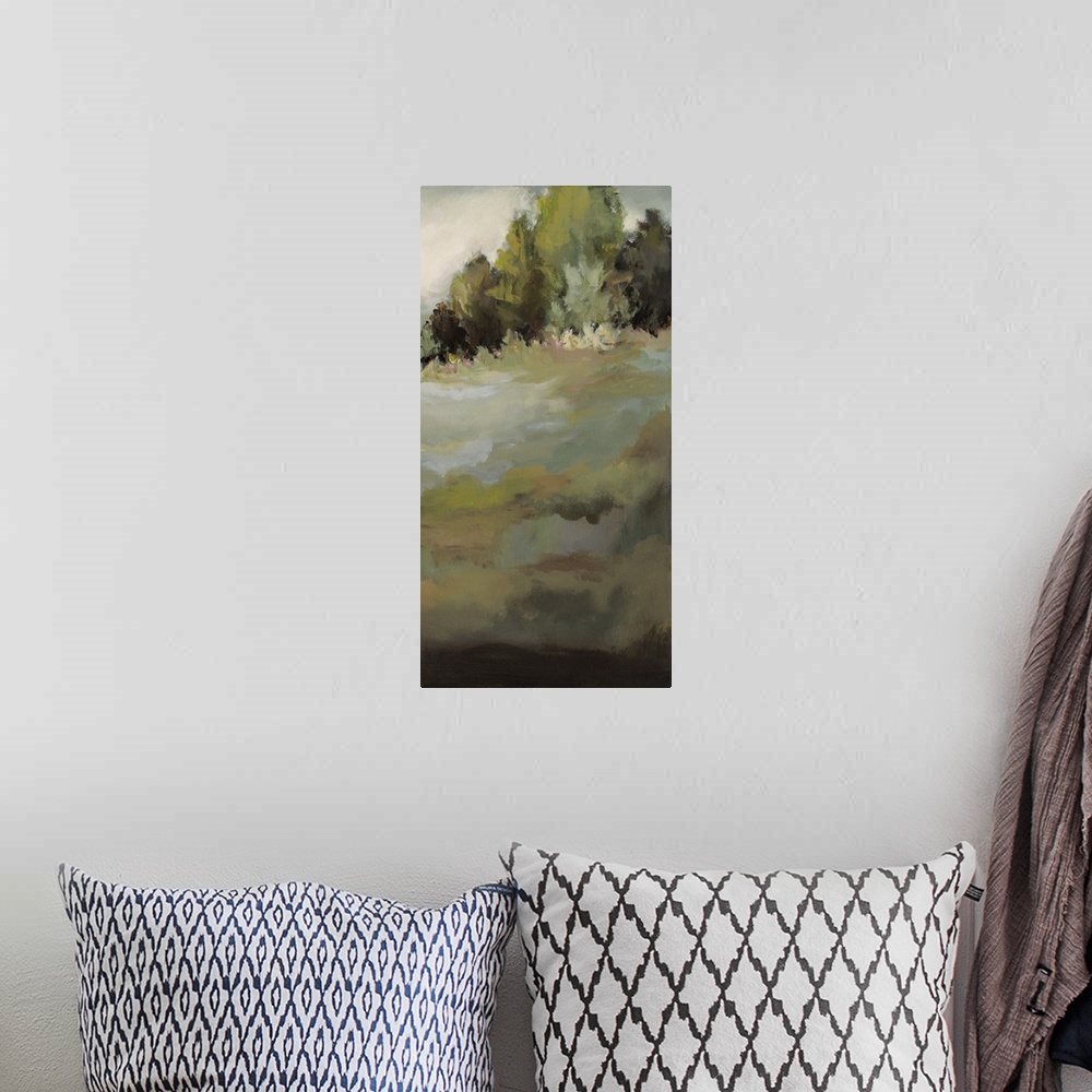 A bohemian room featuring Contemporary abstract painting resembling a landscape with trees.