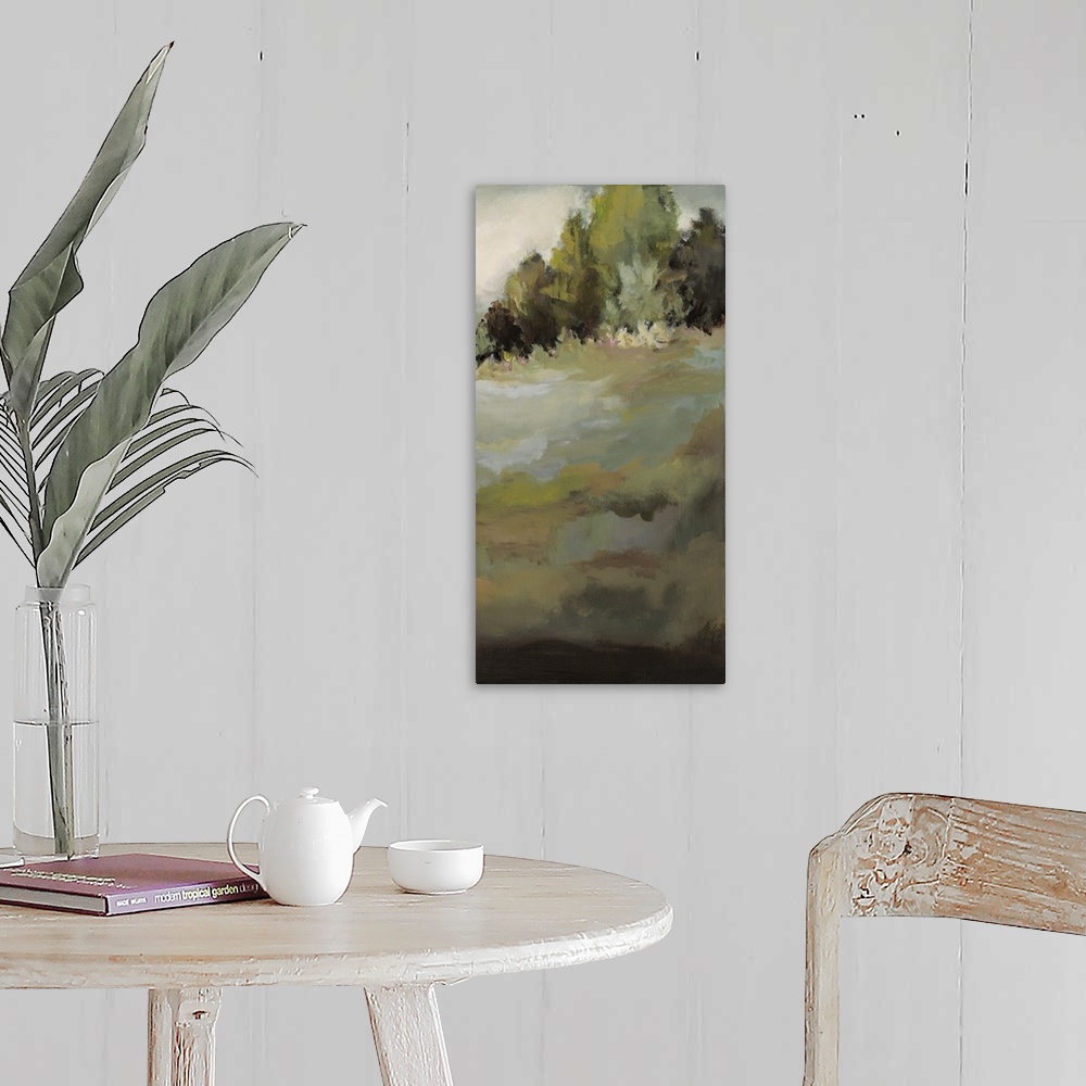 A farmhouse room featuring Contemporary abstract painting resembling a landscape with trees.