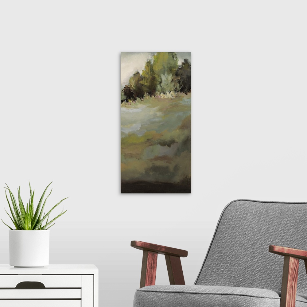 A modern room featuring Contemporary abstract painting resembling a landscape with trees.