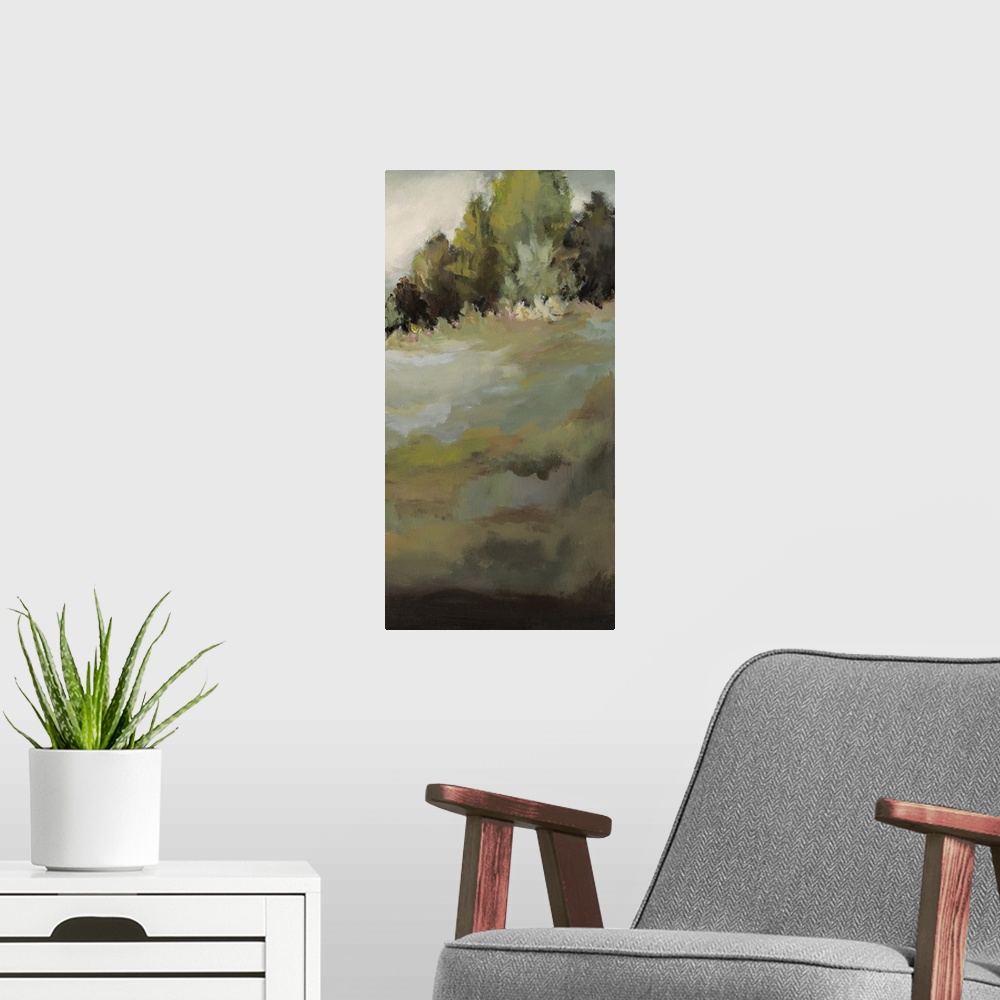 A modern room featuring Contemporary abstract painting resembling a landscape with trees.