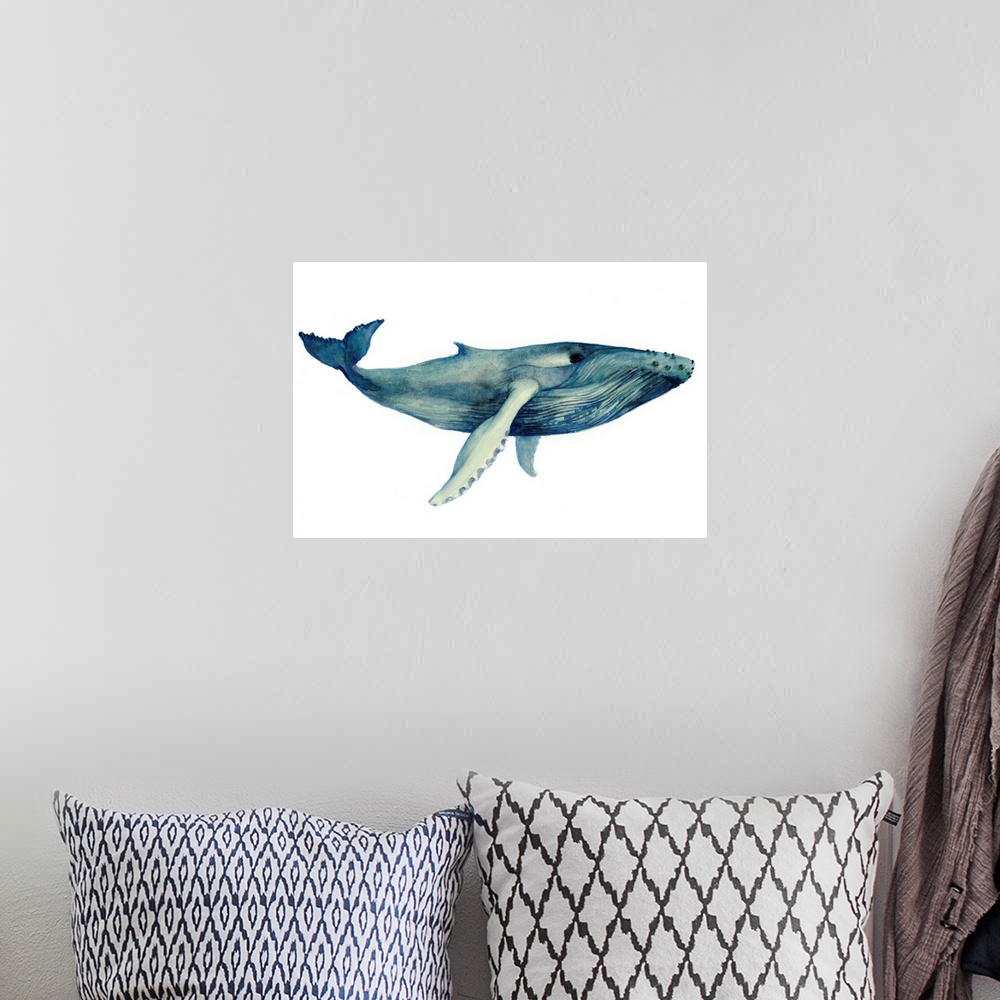 A bohemian room featuring Painting of a large whale on a white background.
