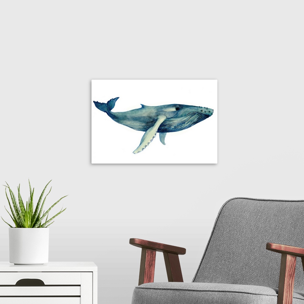 A modern room featuring Painting of a large whale on a white background.