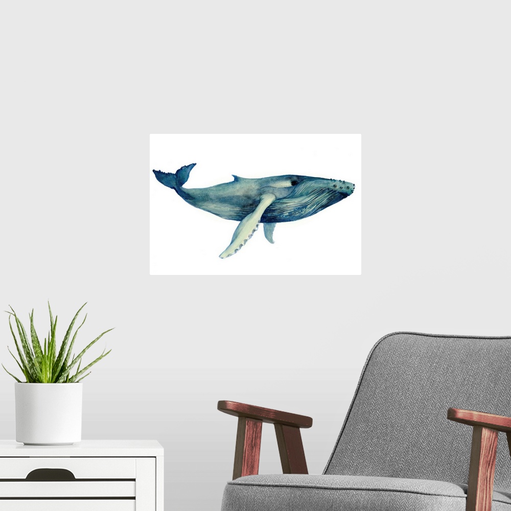 A modern room featuring Painting of a large whale on a white background.