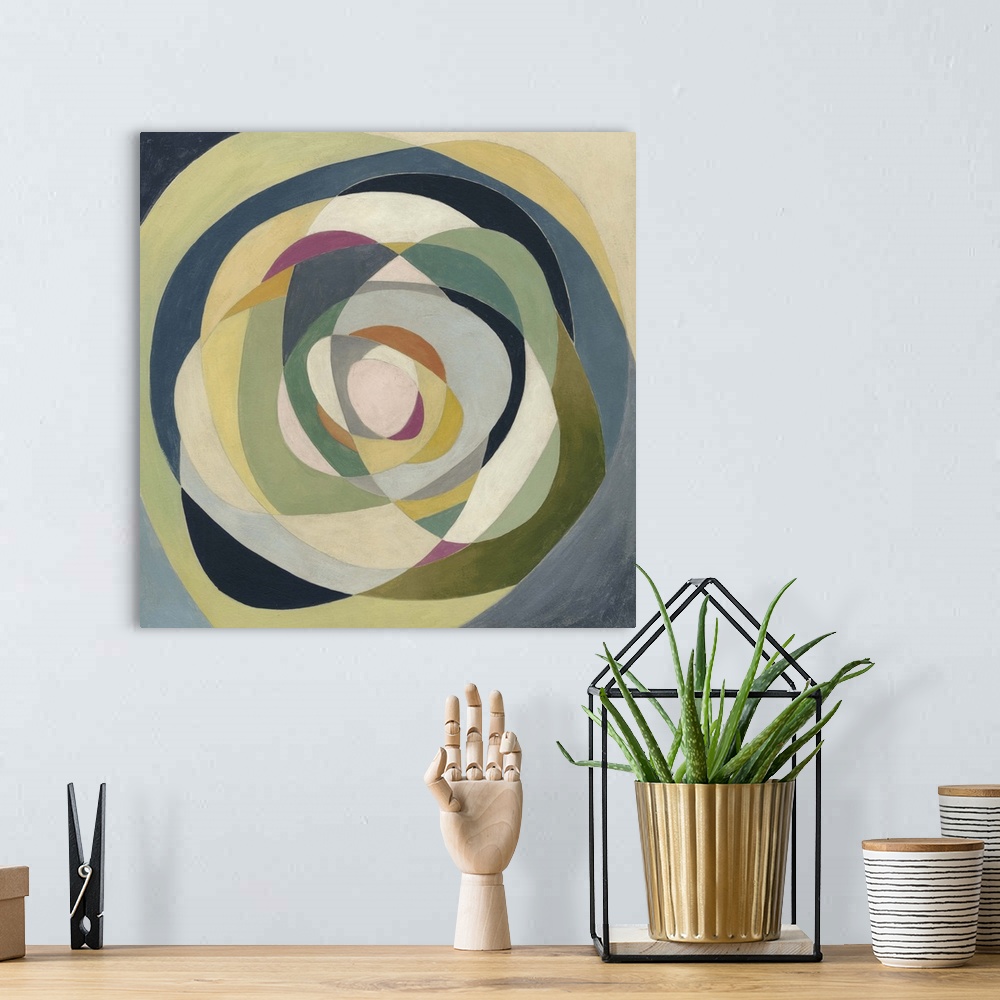 A bohemian room featuring Contemporary geometric painting using concentric oblong shapes.