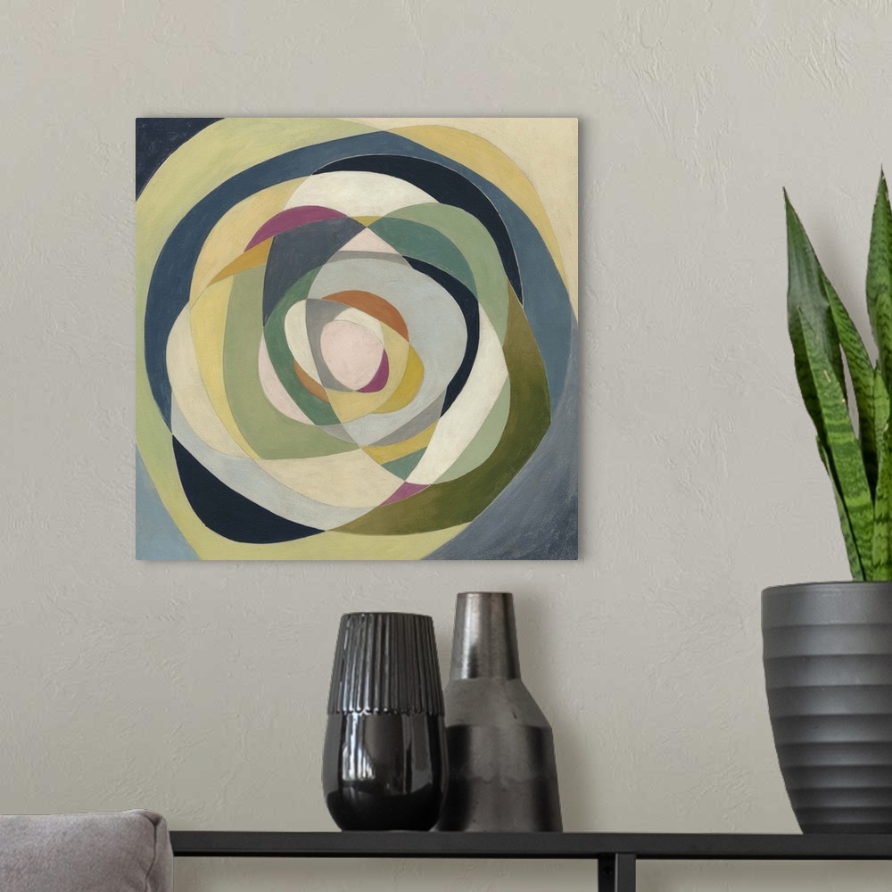 A modern room featuring Contemporary geometric painting using concentric oblong shapes.