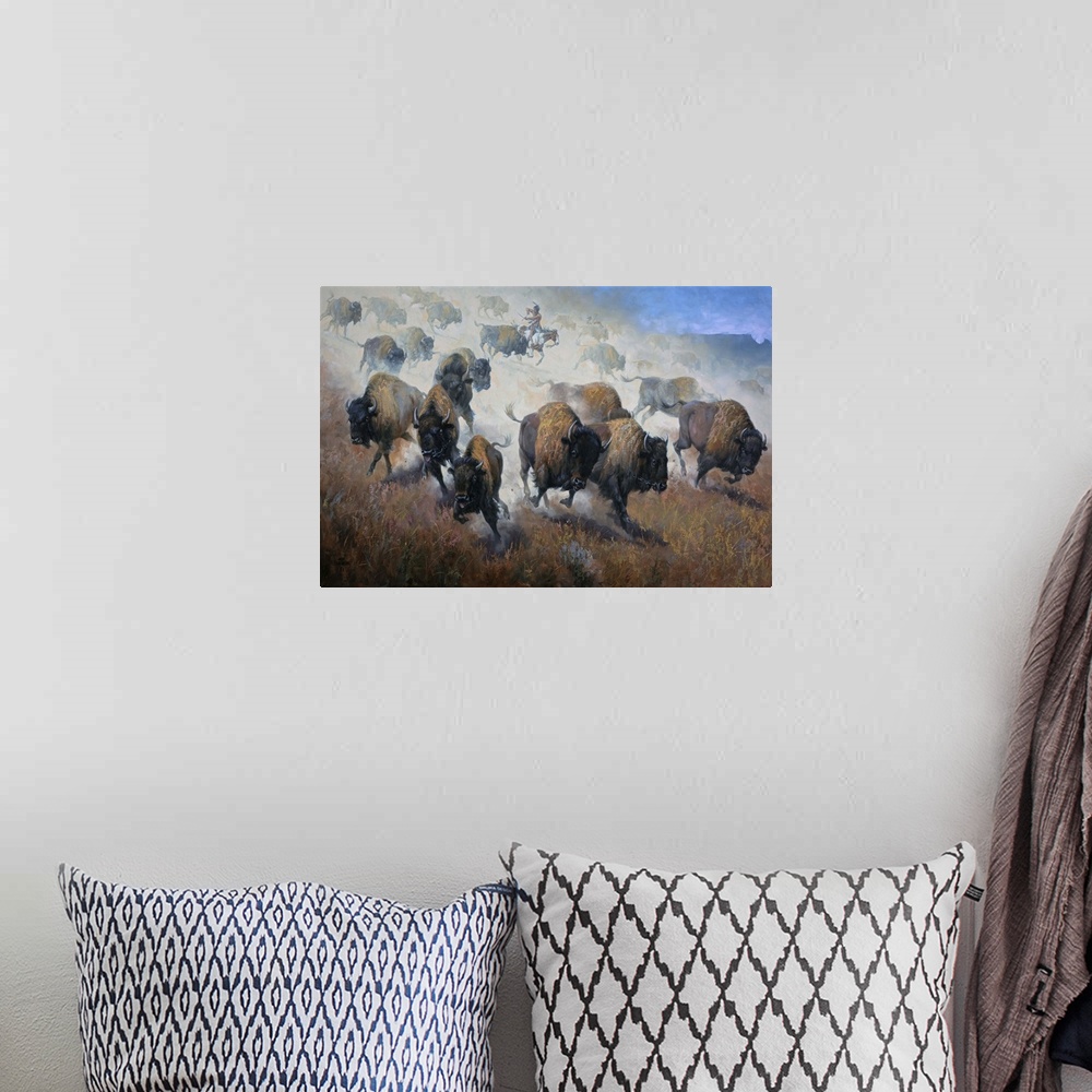 A bohemian room featuring Contemporary Western artwork of a herd of buffalo stampeding across the plains.