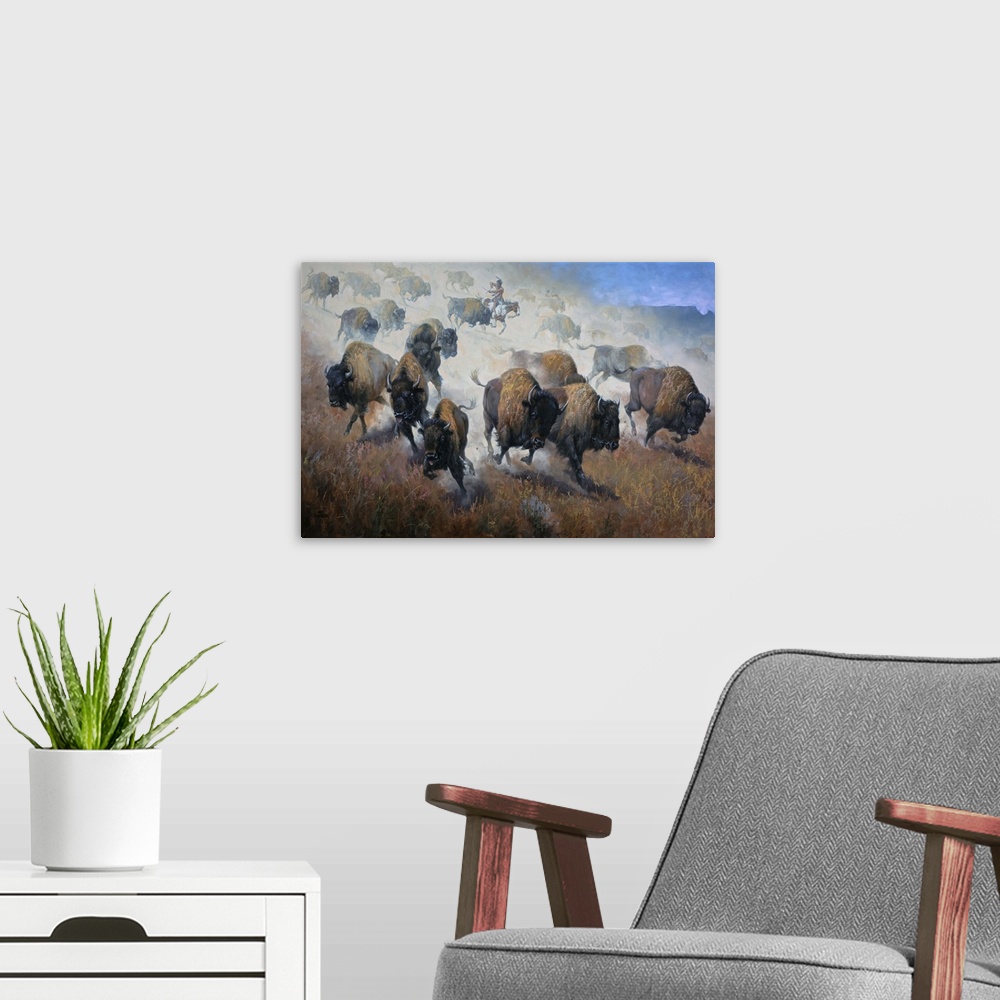 A modern room featuring Contemporary Western artwork of a herd of buffalo stampeding across the plains.