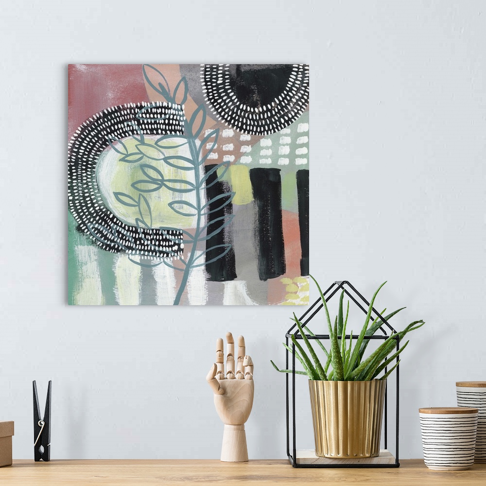 A bohemian room featuring Multi-colored contemporary abstract painting featuring floral designs, wide brushstrokes, dots, a...