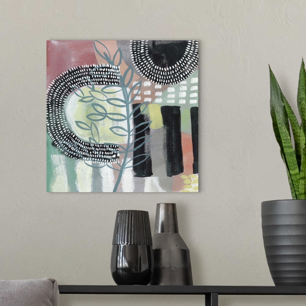A modern room featuring Multi-colored contemporary abstract painting featuring floral designs, wide brushstrokes, dots, a...