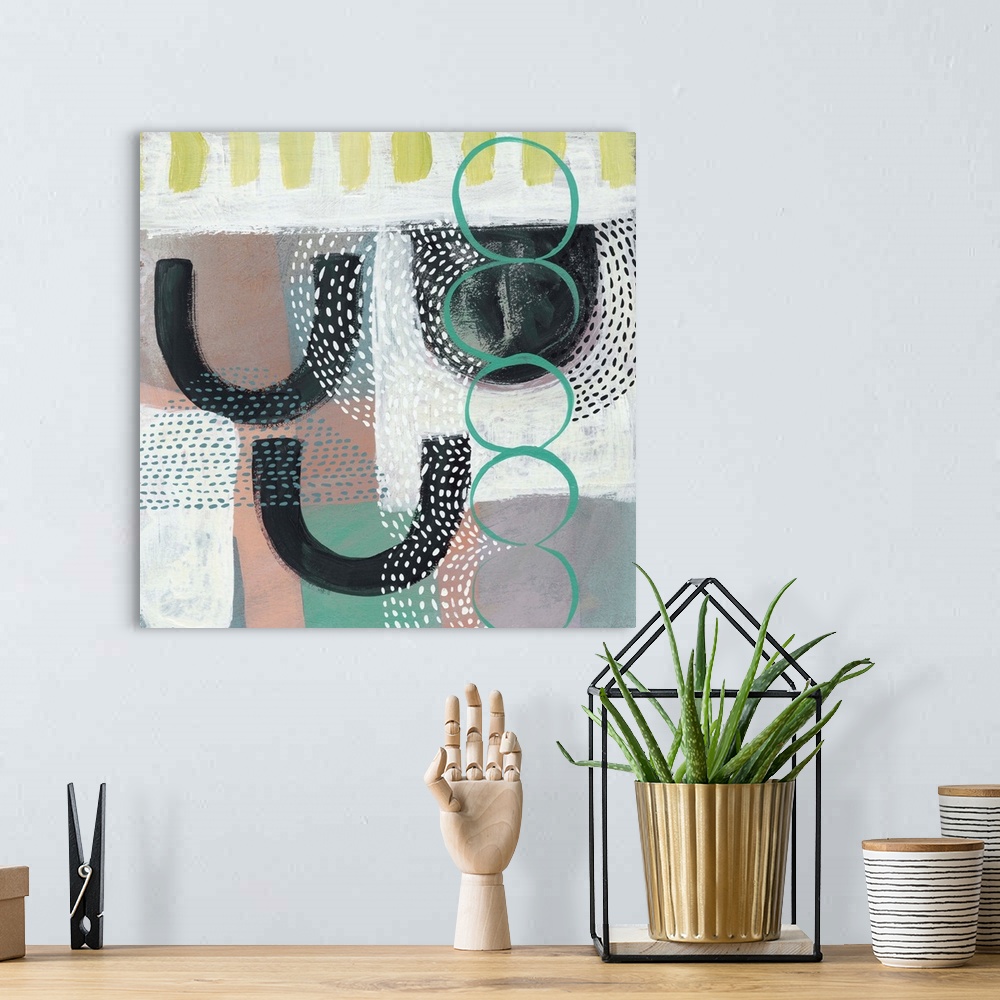 A bohemian room featuring Multi-colored contemporary abstract painting featuring floral designs, wide brushstrokes, dots, a...