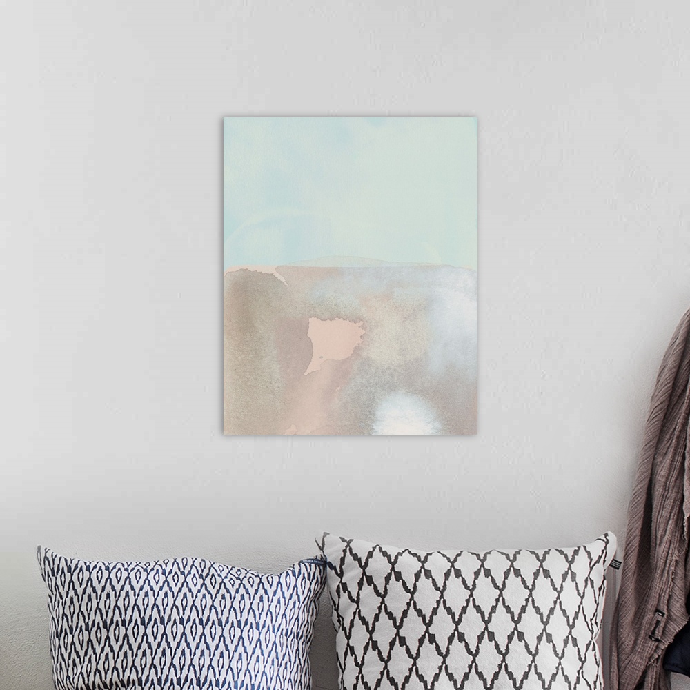 A bohemian room featuring Contemporary abstract painting resembling the shore at low tide.