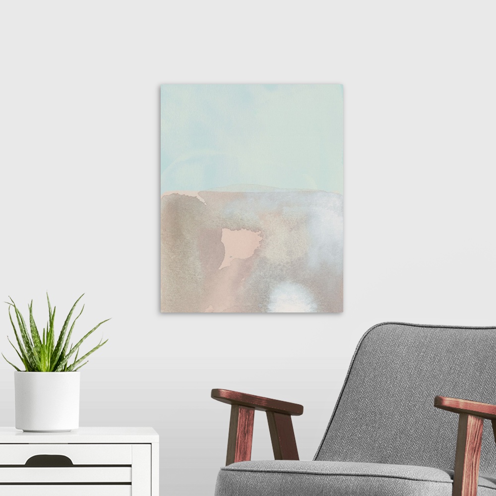 A modern room featuring Contemporary abstract painting resembling the shore at low tide.