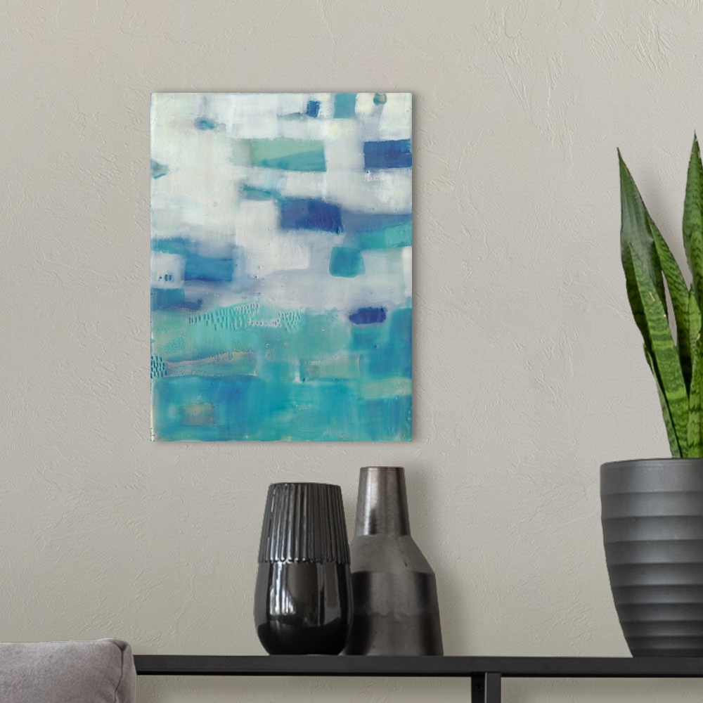 A modern room featuring This contemporary artwork features blocked areas of blue with textured lines and dots throughout ...