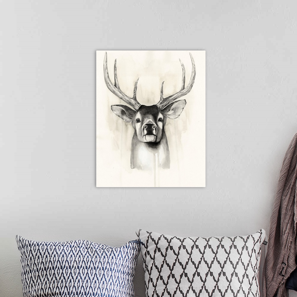 A bohemian room featuring Watercolor portrait of a deer in neutral hues.