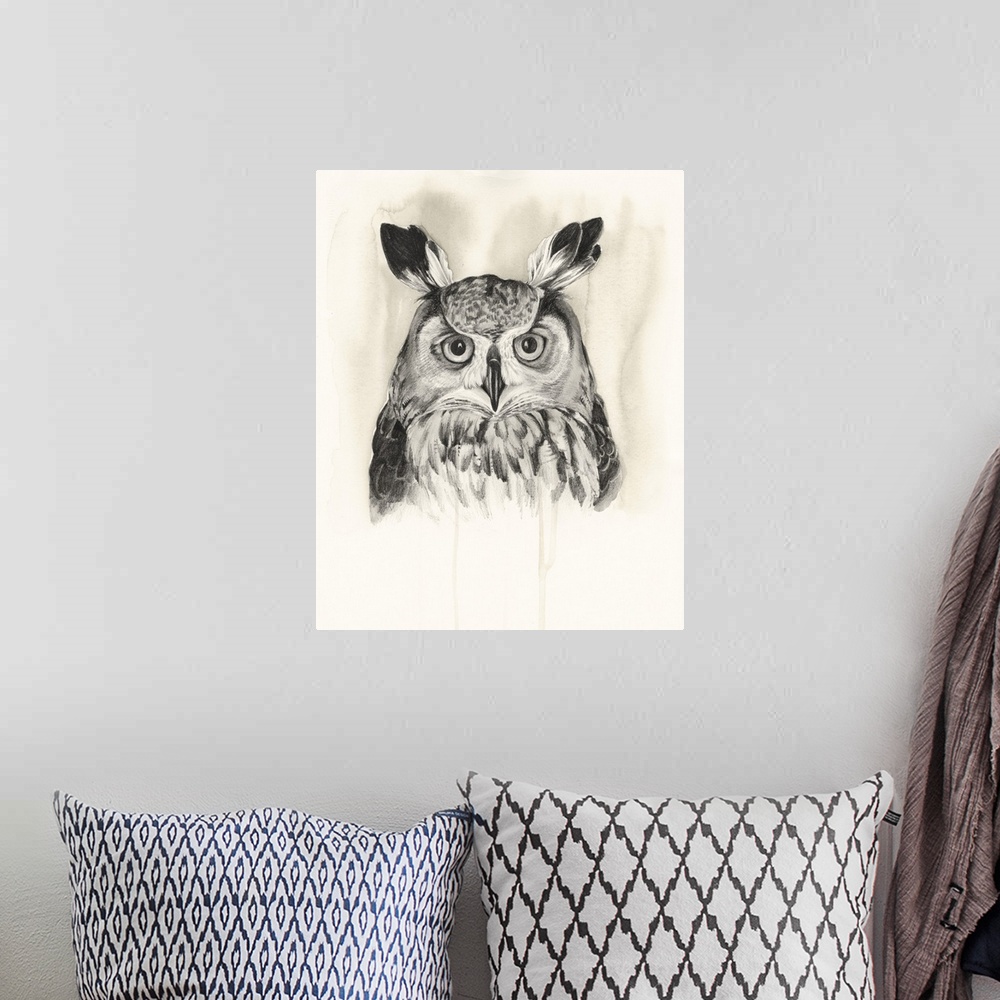 A bohemian room featuring Watercolor portrait of an owl in neutral hues.
