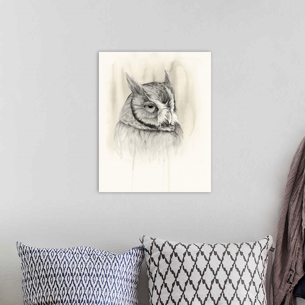 A bohemian room featuring Watercolor portrait of an owl in neutral hues.
