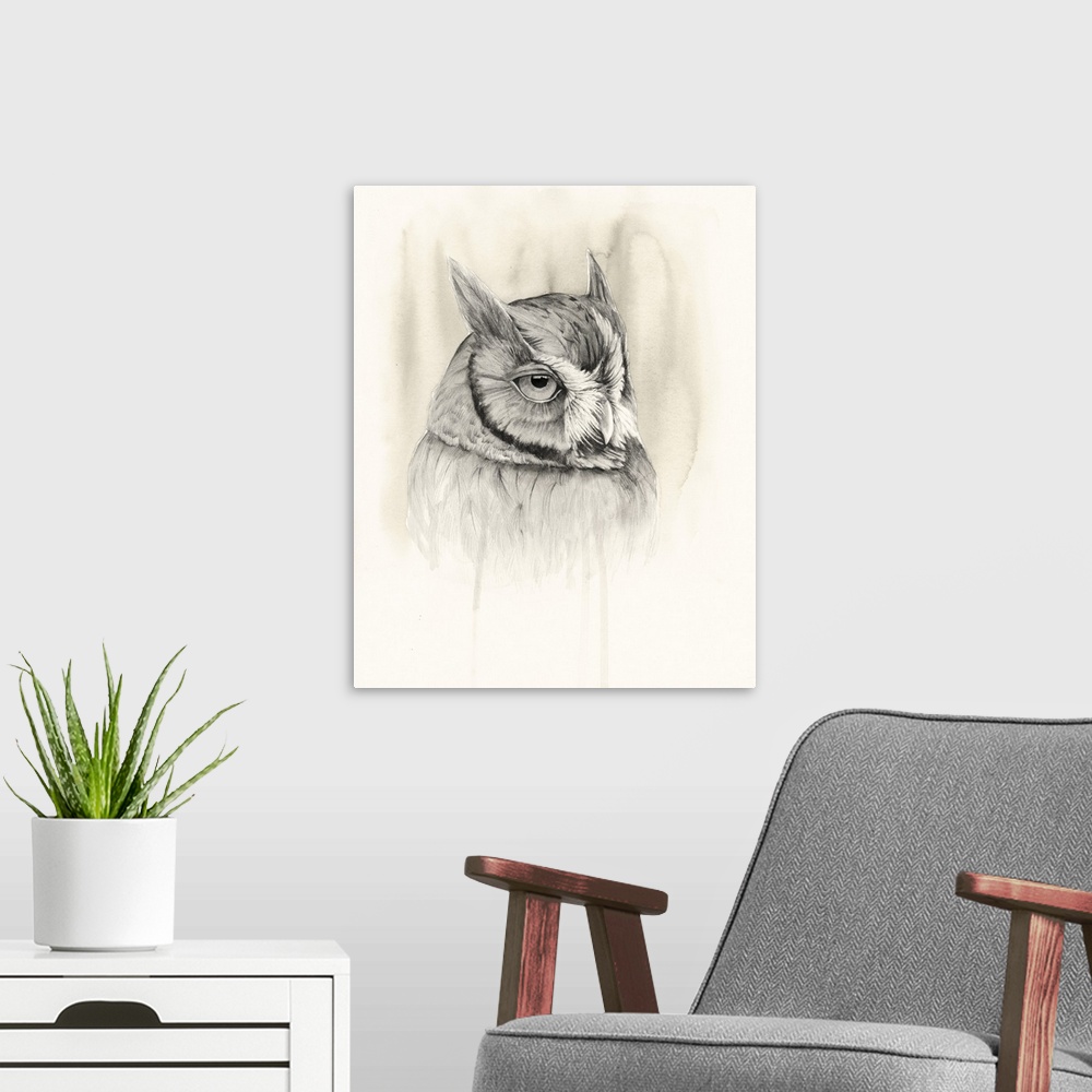 A modern room featuring Watercolor portrait of an owl in neutral hues.