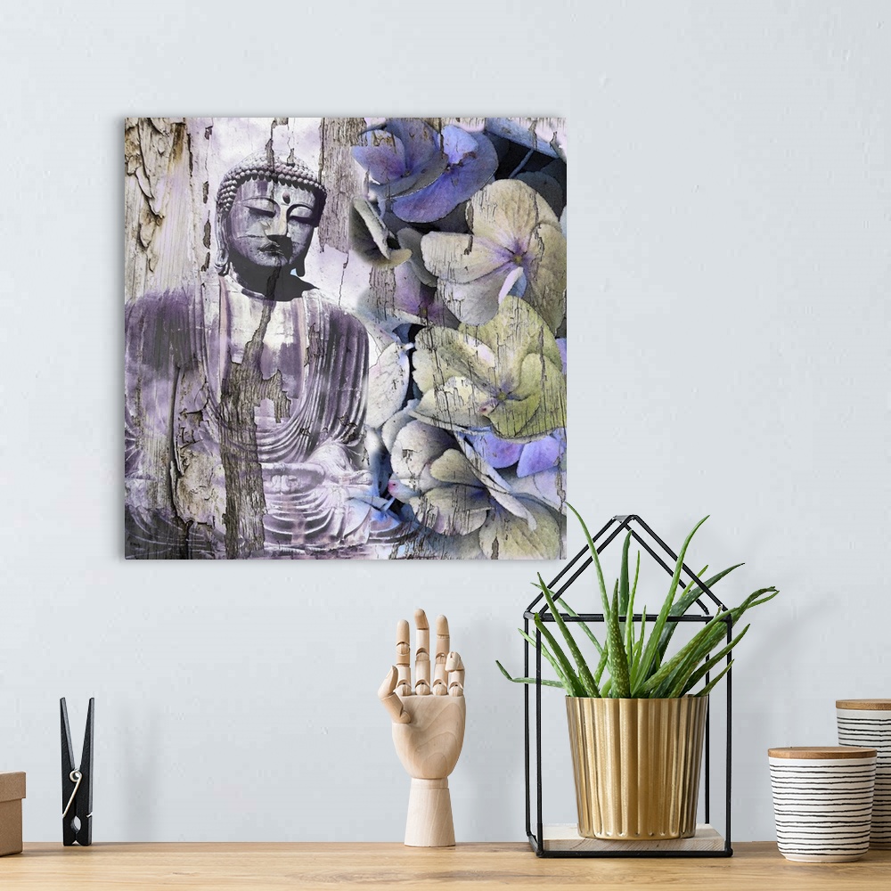 A bohemian room featuring This digital artwork features overlapping serene images of Buddha, flowers and bark from a tree t...