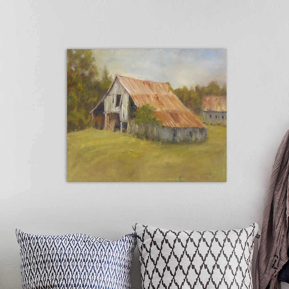 A bohemian room featuring Fluid brush strokes in this soft countryside landscape emphasize worn buildings with rusty roofs ...