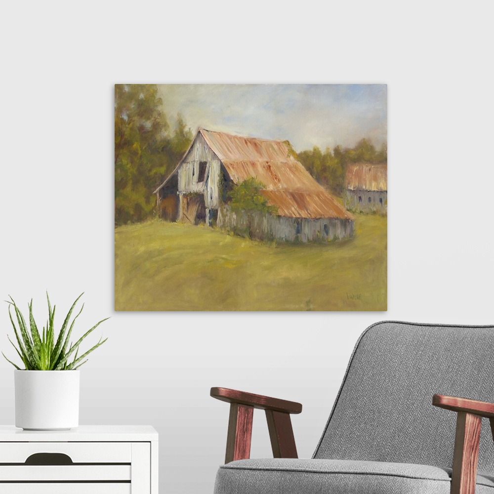 A modern room featuring Fluid brush strokes in this soft countryside landscape emphasize worn buildings with rusty roofs ...