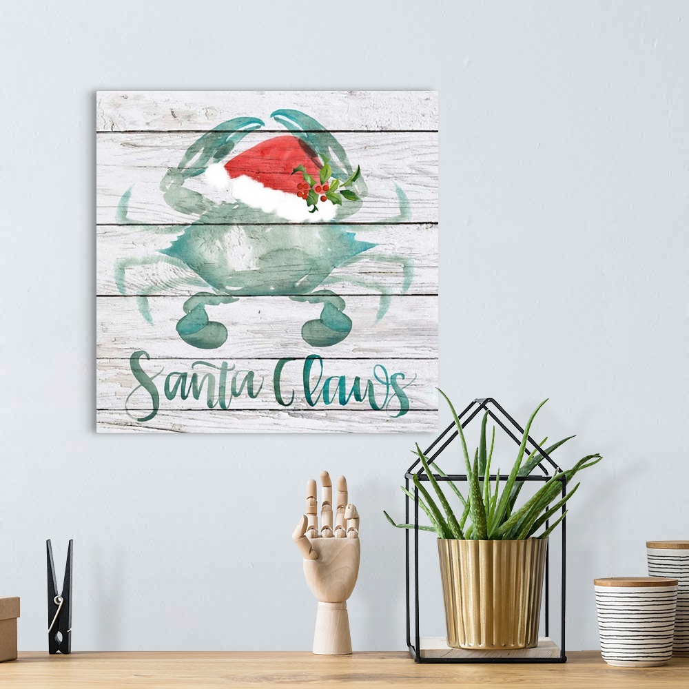 A bohemian room featuring Beach-themed Christmas decor with a crab and text, "Santa Claws."