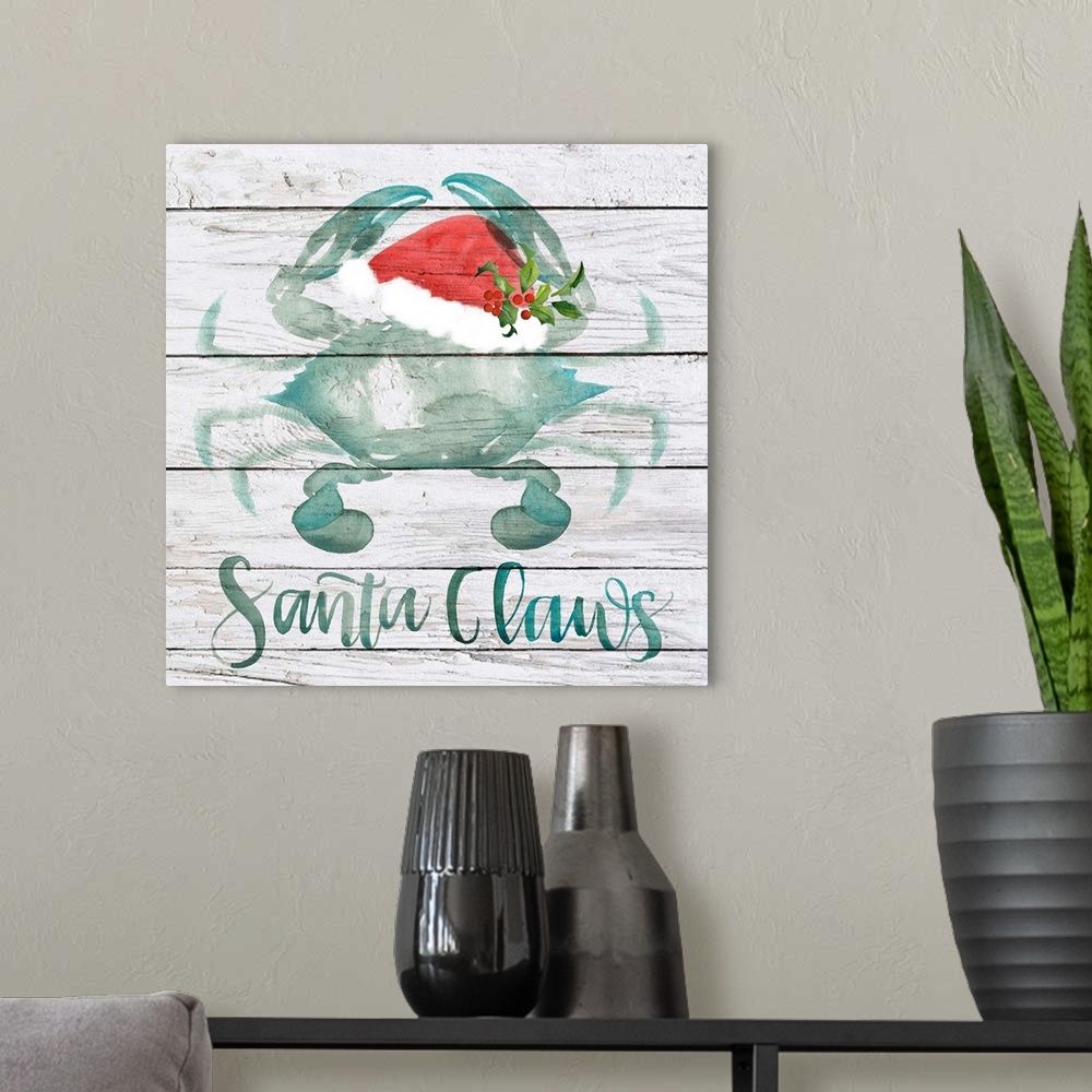 A modern room featuring Beach-themed Christmas decor with a crab and text, "Santa Claws."