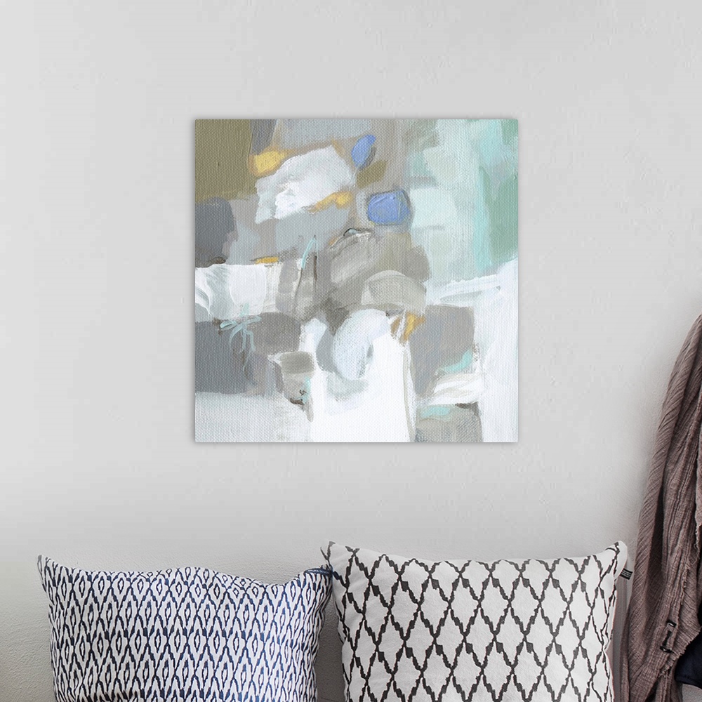 A bohemian room featuring Contemporary abstract painting using neutral tones.
