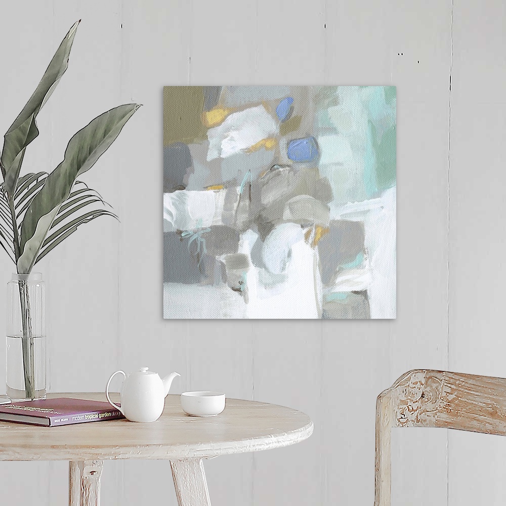 A farmhouse room featuring Contemporary abstract painting using neutral tones.