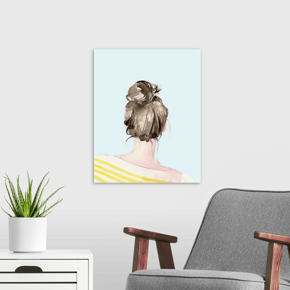 A modern room featuring Watercolor painting of a girl with a top know wearing a striped shirt.