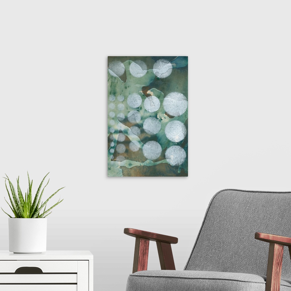 A modern room featuring Contemporary abstract painting using pale blue circles against an abstract muted green background.