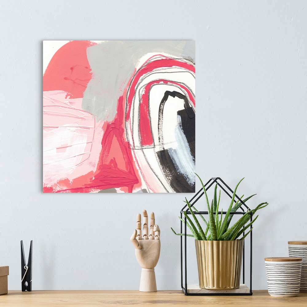 A bohemian room featuring Contemporary abstract painting in various shades of pink and gray.