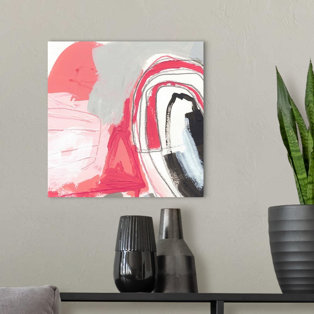 A modern room featuring Contemporary abstract painting in various shades of pink and gray.