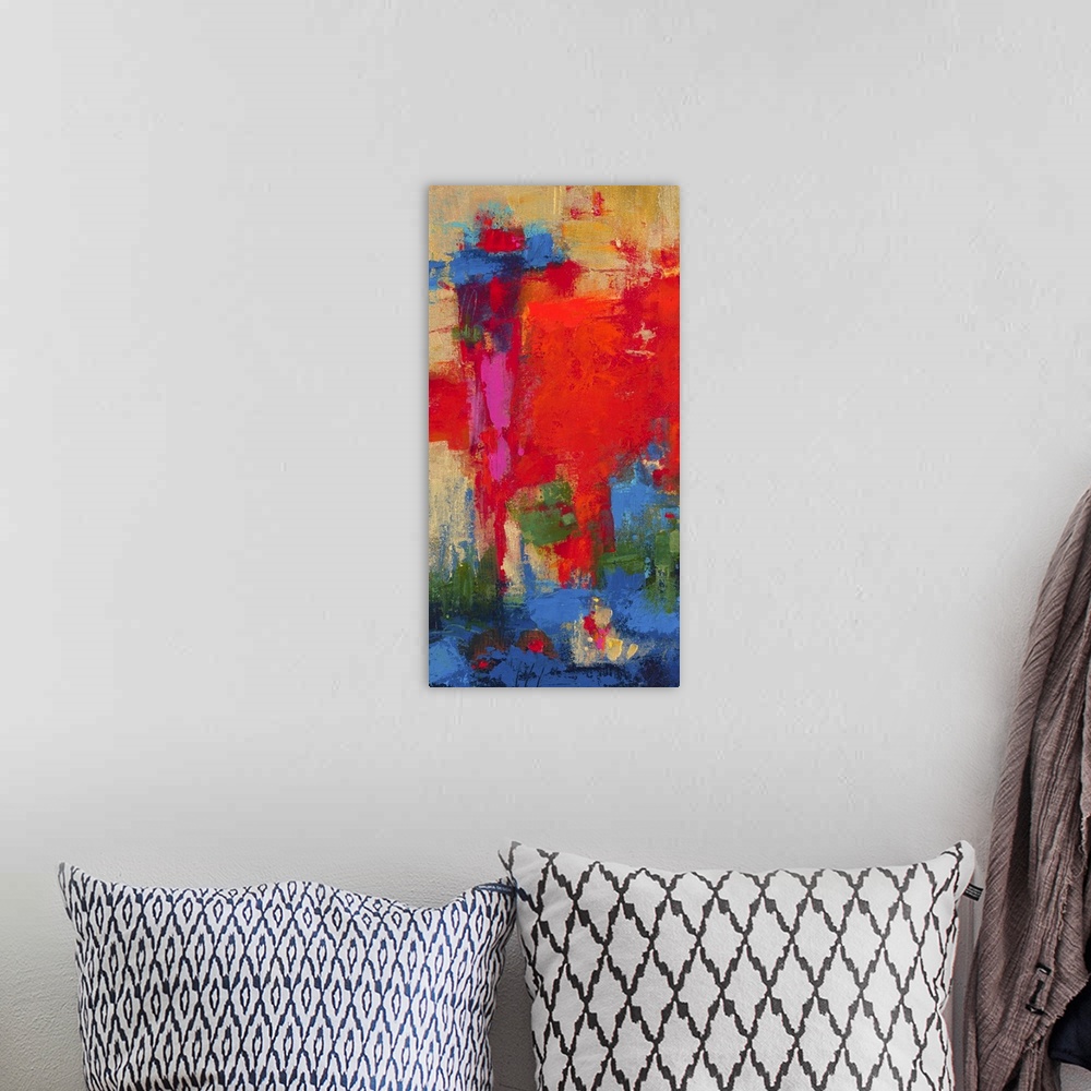 A bohemian room featuring Vertical abstract painting in tropical, almost neon shades of red, green, and blue.