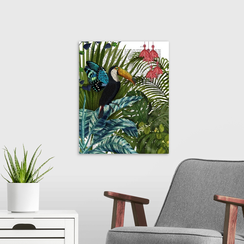 A modern room featuring Decorative artwork with a toucan surrounded by tropical leaves, butterflies, and flowers, painted...