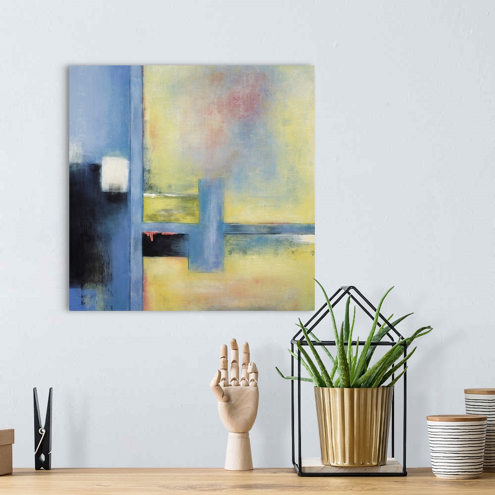 A bohemian room featuring Contemporary abstract painting of geometric shape in pale colors.