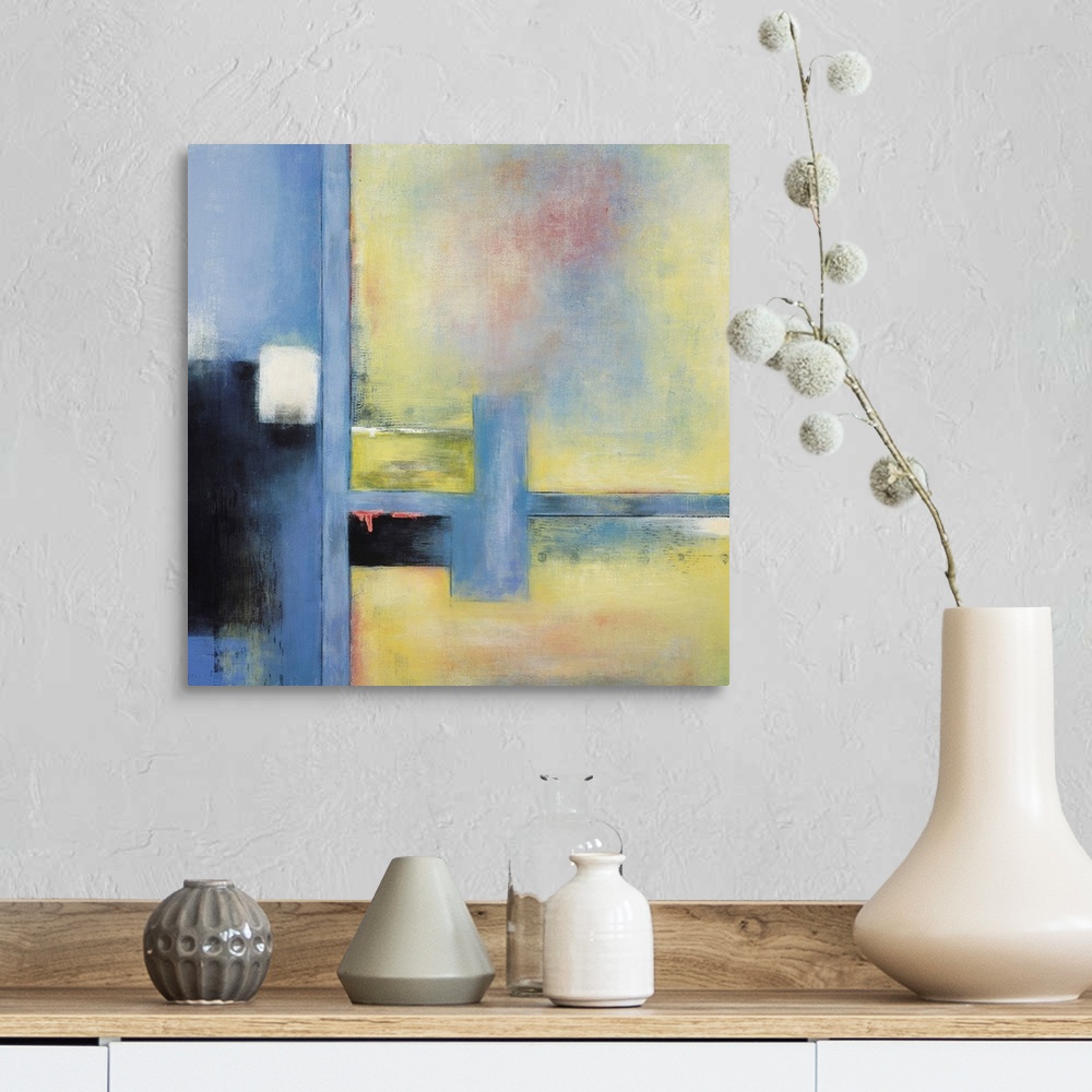 A farmhouse room featuring Contemporary abstract painting of geometric shape in pale colors.