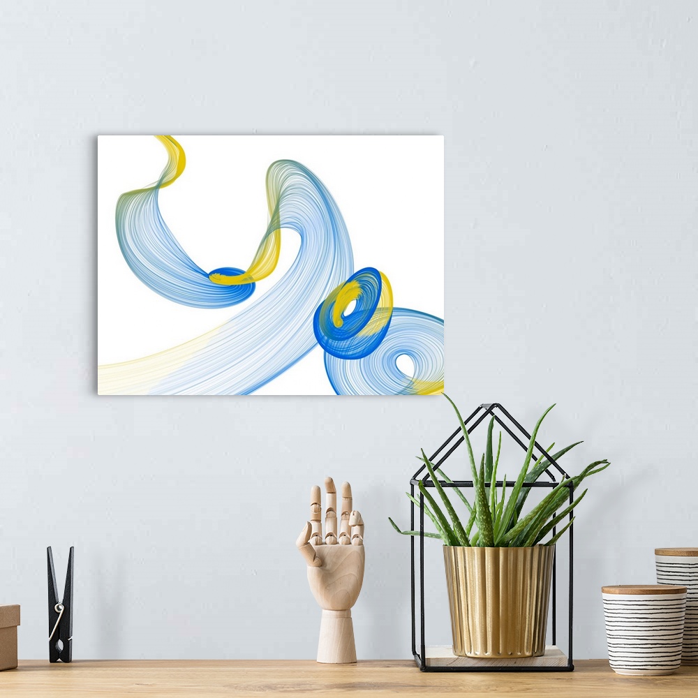 A bohemian room featuring In this photo, dancing swirls in blue and yellow decorate a white background to convey the way li...