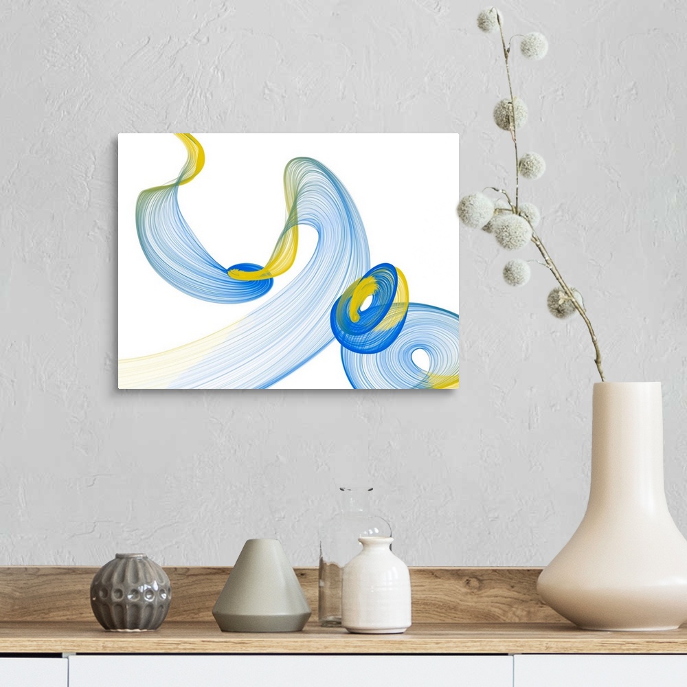 A farmhouse room featuring In this photo, dancing swirls in blue and yellow decorate a white background to convey the way li...