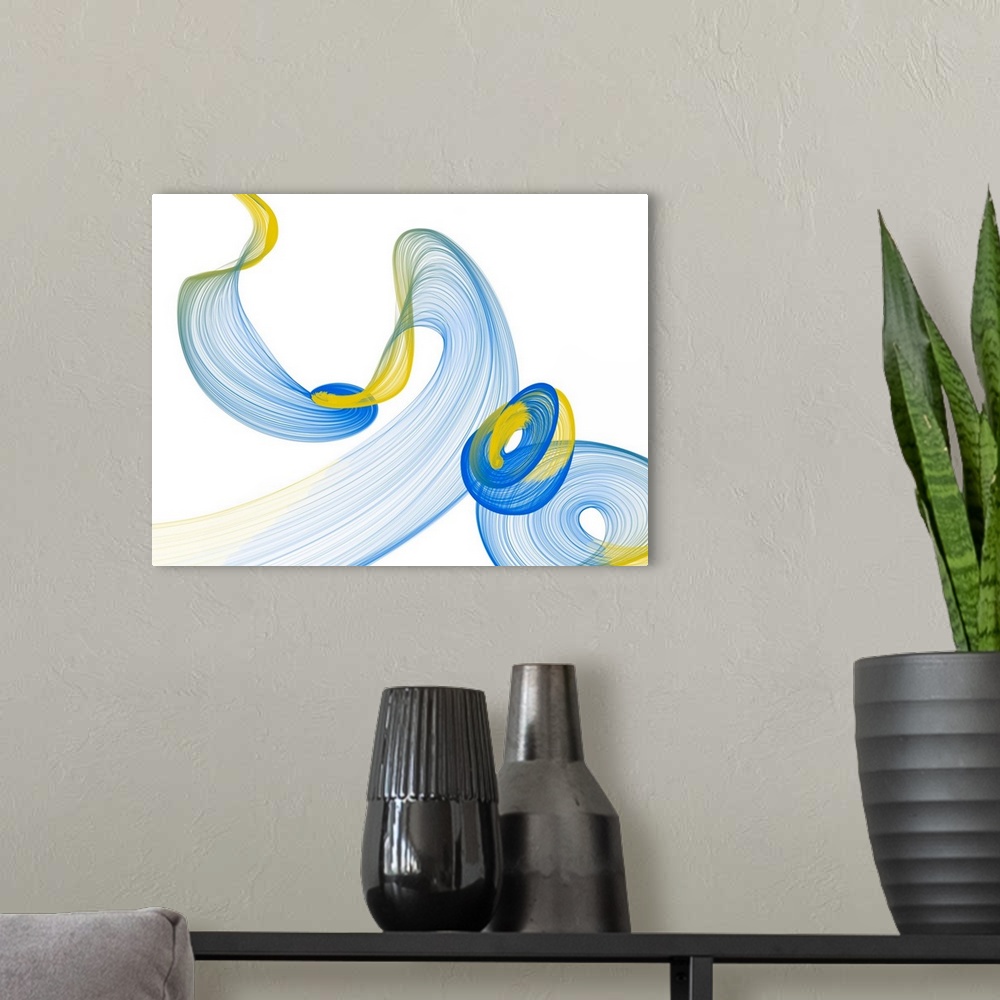 A modern room featuring In this photo, dancing swirls in blue and yellow decorate a white background to convey the way li...
