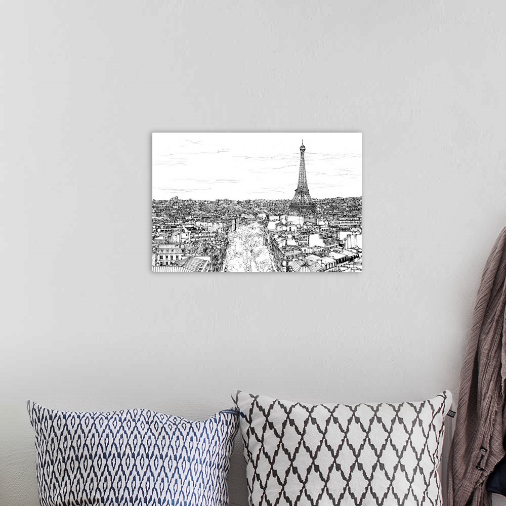 A bohemian room featuring Contemporary black and white sketch of a cityscape in Paris, France with the Eiffel Tower towerin...