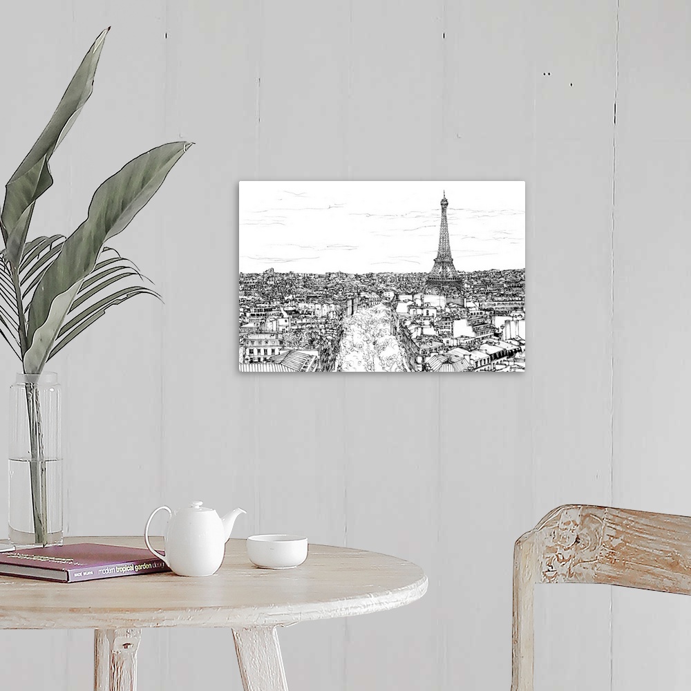 A farmhouse room featuring Contemporary black and white sketch of a cityscape in Paris, France with the Eiffel Tower towerin...