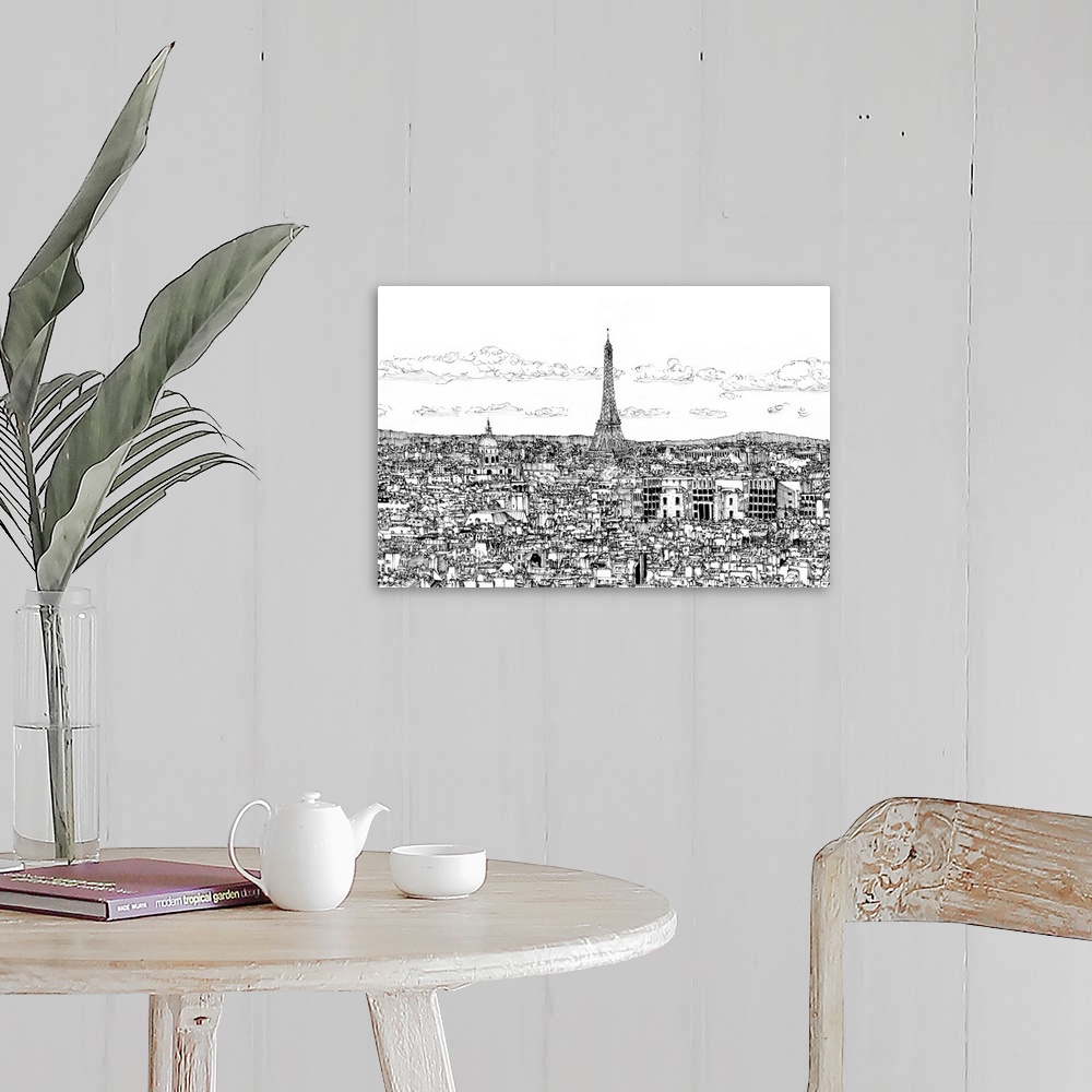 A farmhouse room featuring Contemporary black and white sketch of a cityscape in Paris, France with the Eiffel Tower towerin...