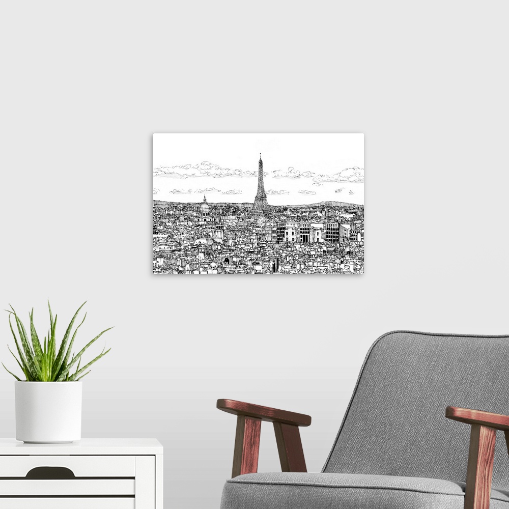 A modern room featuring Contemporary black and white sketch of a cityscape in Paris, France with the Eiffel Tower towerin...