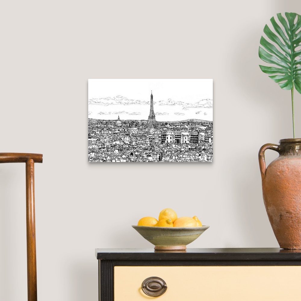 A traditional room featuring Contemporary black and white sketch of a cityscape in Paris, France with the Eiffel Tower towerin...